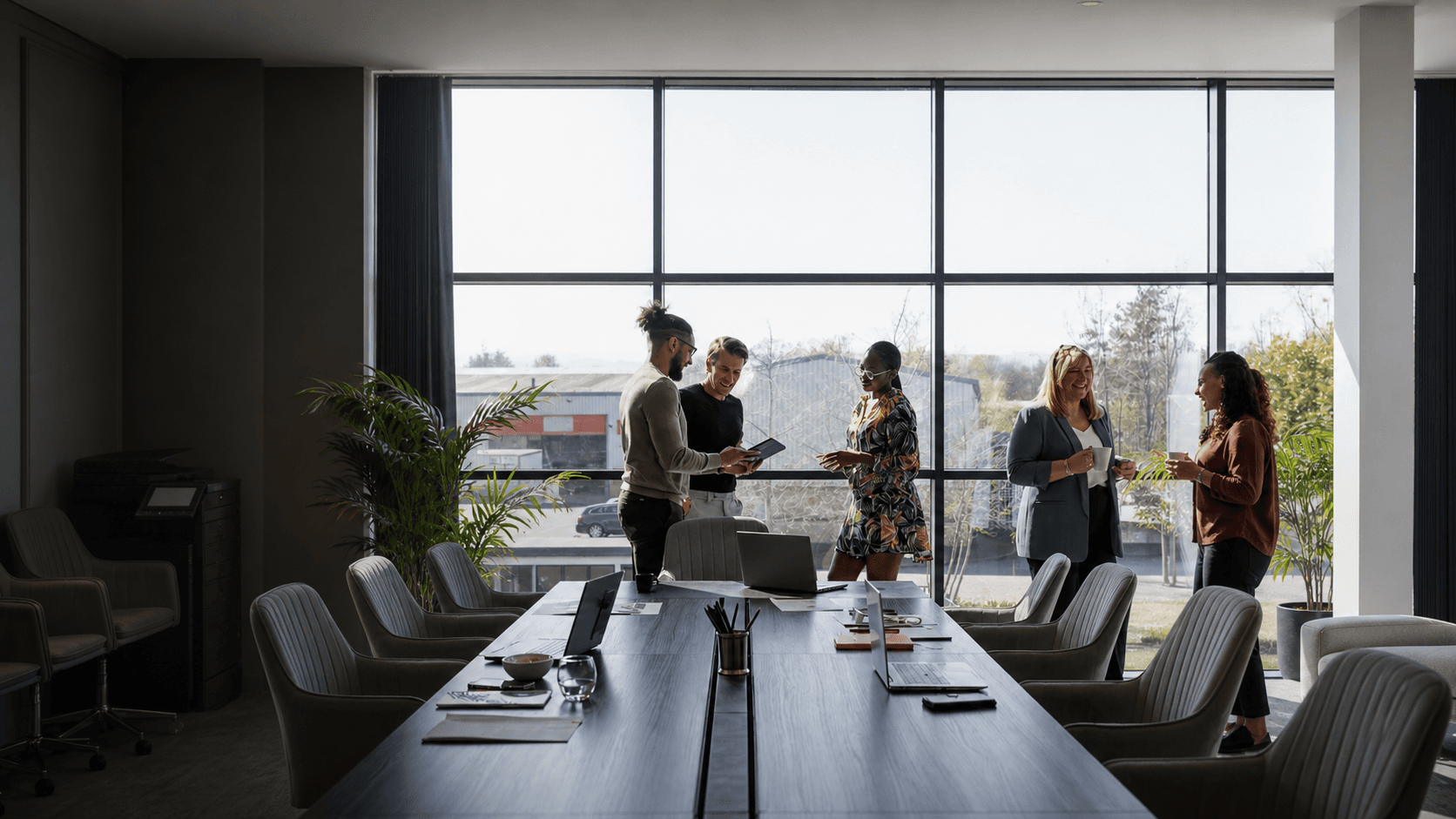 Professionals collaborating in a modern corporate training room